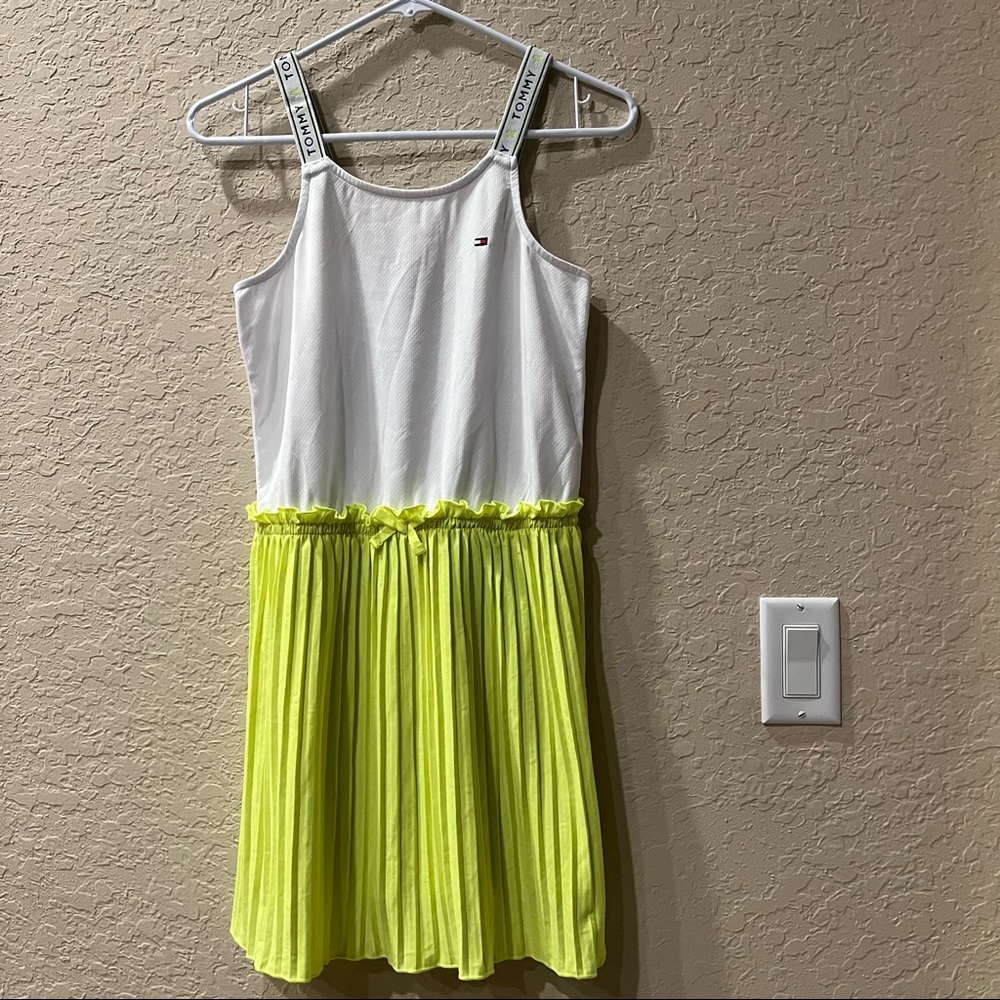 Tommy Hilfiger girls L 12 / 14 tank dress white top w neon yellow pleated skirt